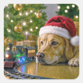 Christmas Golden Retriever Watching a Toy Train Vierkante Sticker (Voorkant)