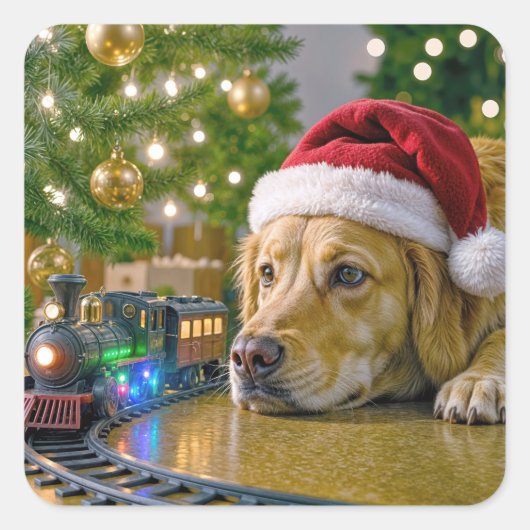 Christmas Golden Retriever Watching a Toy Train Vierkante Sticker (Voorkant)