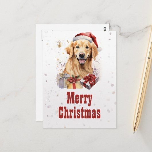 Christmas golden retriever Waterverf Briefkaart (Voorkant / Achterkant in situ)