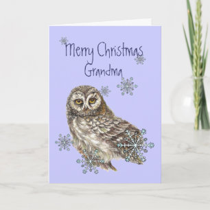 Christmas Grandma, Snow flakes & Owl Bird Feestdagen Kaart