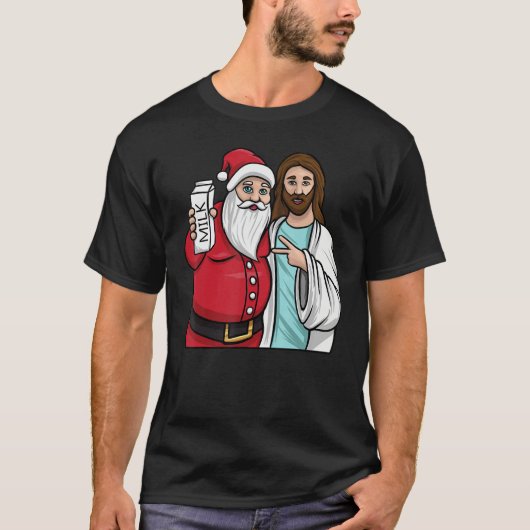 Christmas Graphic Santa and Jesus Jingle Bros Milk T-shirt (Voorkant)