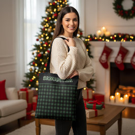 Christmas Green & Black Buffalo Plaid Custom Name Tote Bag