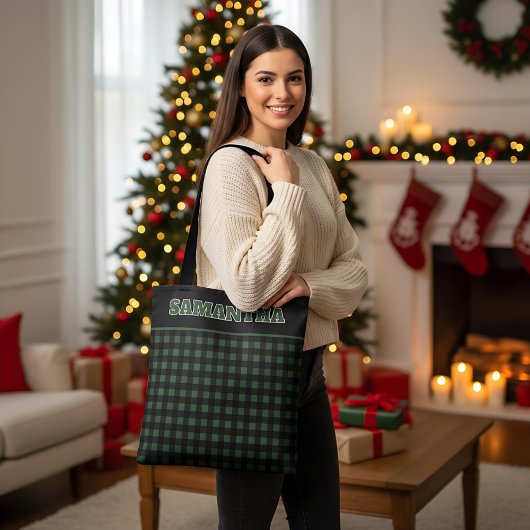 Christmas Green & Black Buffalo Plaid Custom Name Tote Bag