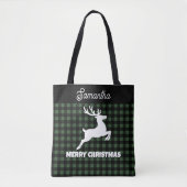 Christmas Green & Black Plaid Reindeer Custom Name Tote Bag (Voorkant)