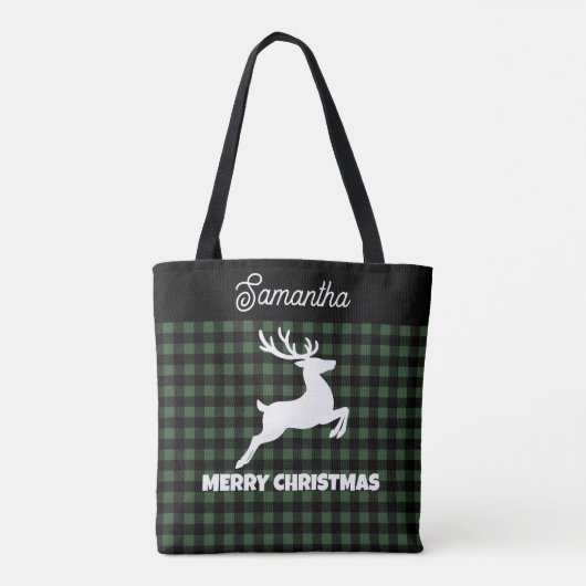 Christmas Green & Black Plaid Reindeer Custom Name Tote Bag (Achterkant)