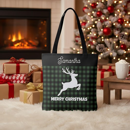 Christmas Green & Black Plaid Reindeer Custom Name Tote Bag