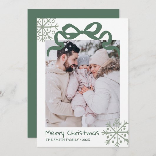 Christmas Green Bow snowflakes Photo card Kaart (Voorkant / Achterkant)