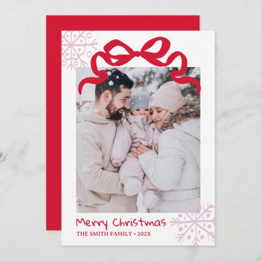 Christmas Green Bow snowflakes Photo card Kaart (Voorkant / Achterkant)