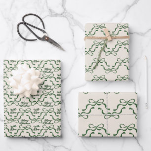 Christmas Green & Cream Moderne Vakantie Tiny Bows Inpakpapier Vel
