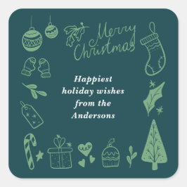 Christmas Green Cute Festive Hand Drawn Doodles Vierkante Sticker
