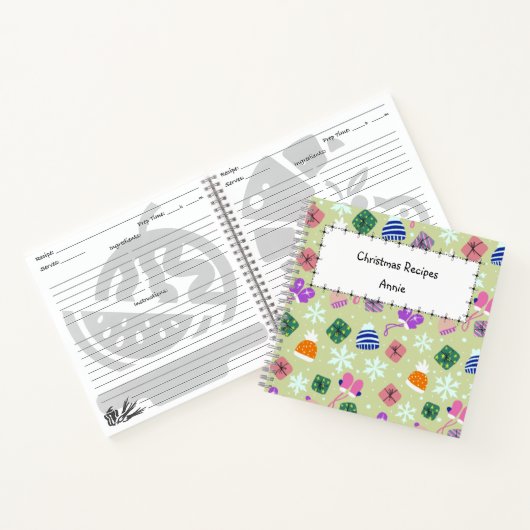 Christmas Green Doodle Pattern Monogram Recipe  Notitieboek (Binnen)