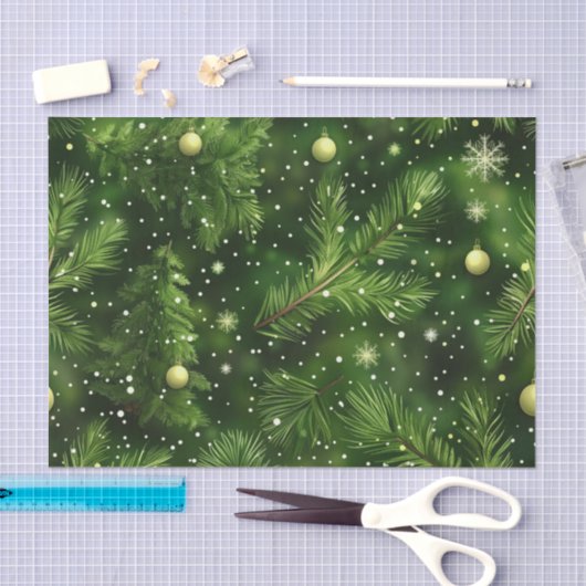 CHRISTMAS GREEN FERN BRANCHES & BALLS TISSUEPAPIER (Craft)