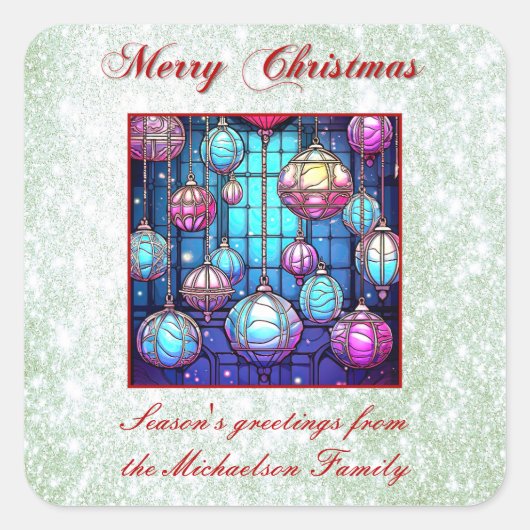 Christmas Green Glitter Glas in lood Bauble Vierkante Sticker (Voorkant)