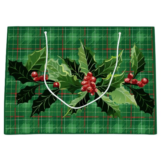 Christmas Green Plaid with Wreath Groot Cadeauzakje (Voorkant)