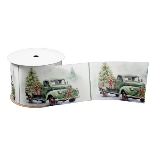 Christmas Green Retro Truck With Tree Satijnen Lint (Spoel)