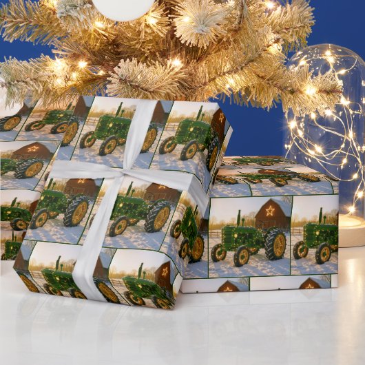 Christmas Green Tractor With Glowing Lights Cadeaupapier (Feestdagen)