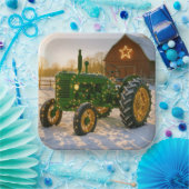 Christmas Green Tractor With Glowing Lights Papieren Bordje (Feest)