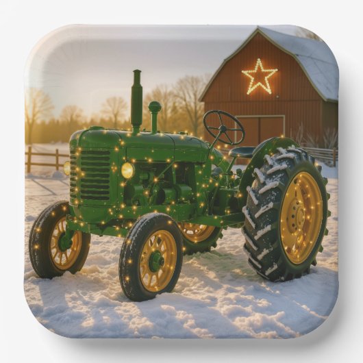 Christmas Green Tractor With Glowing Lights Papieren Bordje (Voorkant)