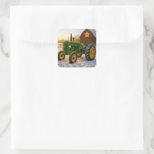 Christmas Green Tractor With Glowing Lights Vierkante Sticker (Tas)
