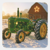 Christmas Green Tractor With Glowing Lights Vierkante Sticker (Voorkant)