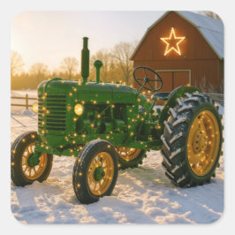 Christmas Green Tractor With Glowing Lights Vierkante Sticker