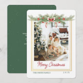 Christmas Greenery And Bow 1 Photo Golden Frame Feestdagenkaart (Voorkant / Achterkant)