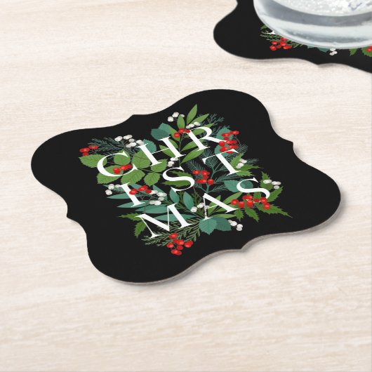 CHRISTMAS Greenery Berries Holiday Black Kartonnen Onderzetters (Gekanteld)