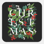 CHRISTMAS Greenery Berries Holiday Black Vierkante Sticker (Voorkant)