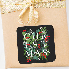 CHRISTMAS Greenery Berries Holiday Black Vierkante Sticker
