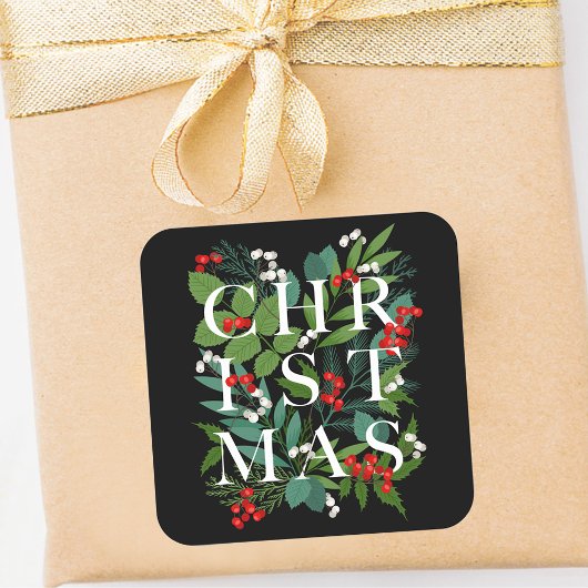 CHRISTMAS Greenery Berries Holiday Black Vierkante Sticker