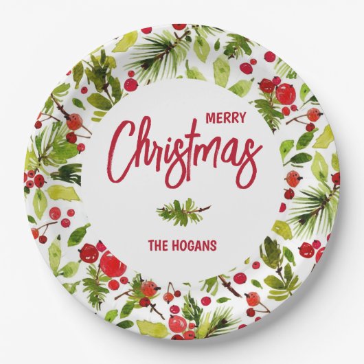 Christmas Greenery Berries Holiday Papieren Bordje (Voorkant)
