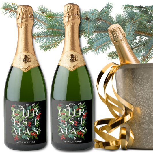 CHRISTMAS Greenery Berries Holiday Sparkling Wijnetiket