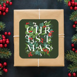 CHRISTMAS Greenery Berries Holiday Vierkante Sticker<br><div class="desc">Het woord KERSTMIS zit tussen bladeren en bessen op een donkergroene achtergrond (of elke kleur) op deze vierkante stickers,  elegant voor envelopzegels,  feestgunsten of elke kerstfeestdag. OVEREENKOMENDE objecten in ons collectie.</div>
