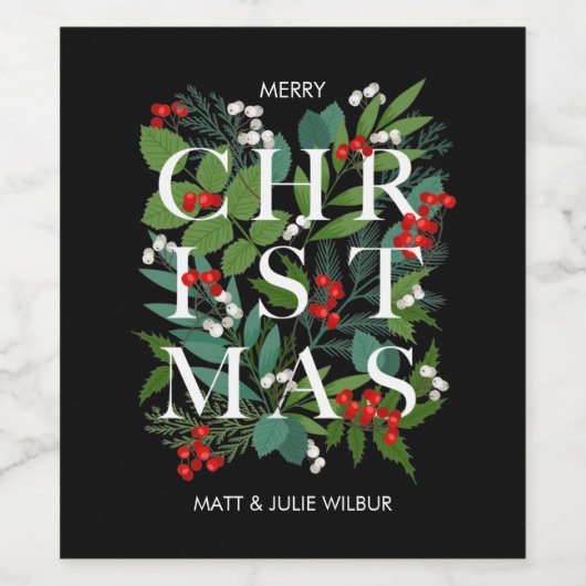 CHRISTMAS Greenery Berries Holiday Wijn Etiket (Enkel label)