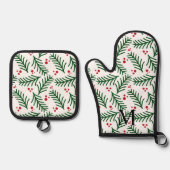 Christmas Greenery Berries INITIAL Modern Holiday Ovenwant & Pannenlap Set (Voorkant)