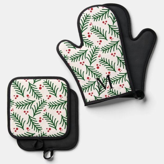 Christmas Greenery Berries INITIAL Modern Holiday Ovenwant & Pannenlap Set (Voorkant / Achterkant)