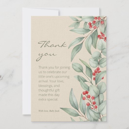 Christmas Greenery Berry Winter Baby Shower Bedankkaart (Voorkant)
