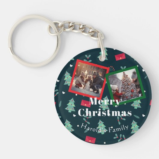 Christmas Greenery Familie Foto Monogram Sleutelhanger (Voorkant)
