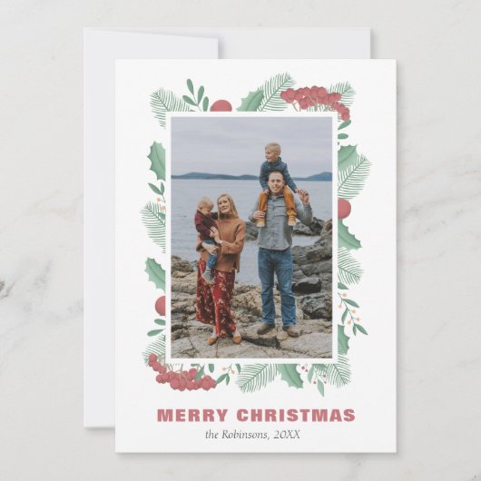 Christmas Greenery Foto Aangepaste familienaam Feestdagenkaart (Voorkant)
