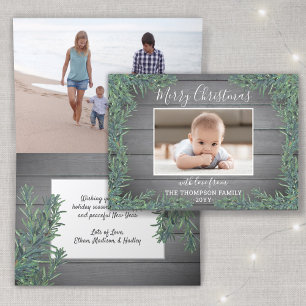 Christmas Greenery & Grey Wood 2 foto opgevouwen Feestdagen Kaart