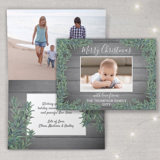Christmas Greenery & Grey Wood 2 foto opgevouwen Feestdagen Kaart