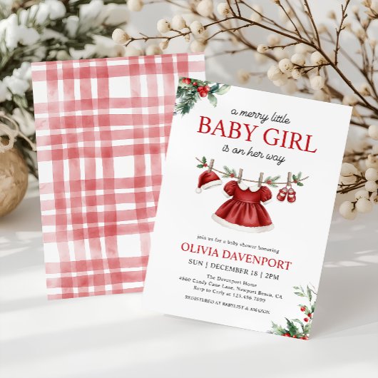 Christmas Greenery Merry Little Girl Baby Shower Kaart