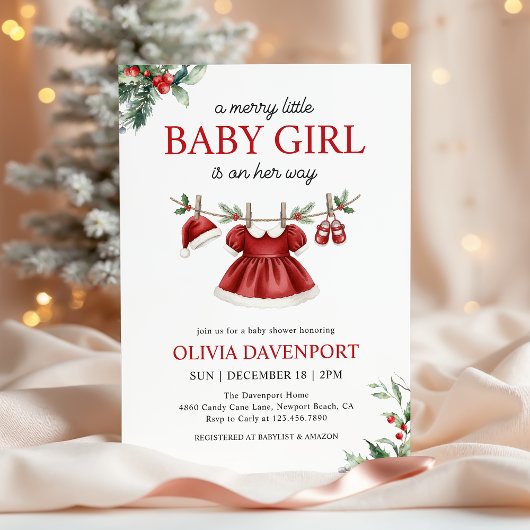 Christmas Greenery Merry Little Girl Baby Shower Kaart