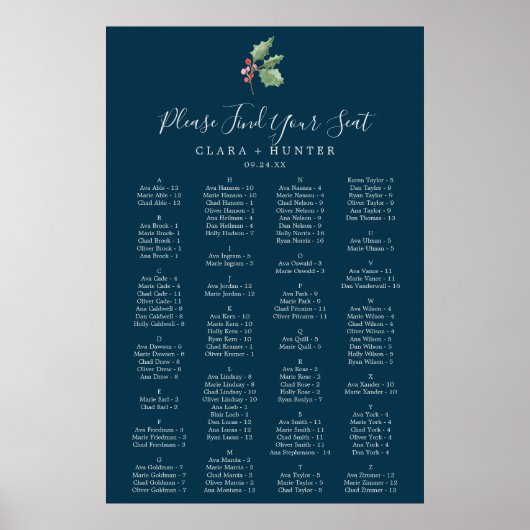 Christmas Greenery Navy Alphabetical Seating Chart Poster (Voorkant)