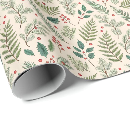 Christmas Greenery Red Berries Pine Tree Holiday  Cadeaupapier (Rol Hoek)