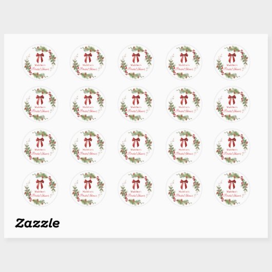 Christmas Greenery Red Bow Bridal Shower  Ronde Sticker (Vel)