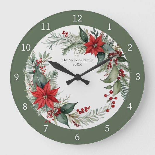 Christmas Greenery with Red Poinsettias Custom Grote Klok (Voorkant)