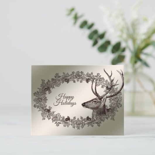 Christmas Greeting Floral Reindeer Golden Winter Briefkaart (Staand voorkant)