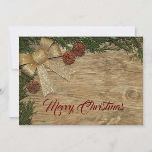 Christmas Greeting Golden Bow Green Leaves Red Feestdagenkaart (Voorkant)