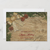 Christmas Greeting Golden Bow Green Leaves Red Feestdagenkaart (Achterkant)